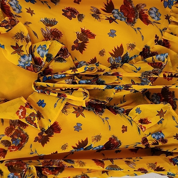Rebecca Minkoff XXS ruffled short sleeve tie front yellow floral print blouse - Picture 3 of 6